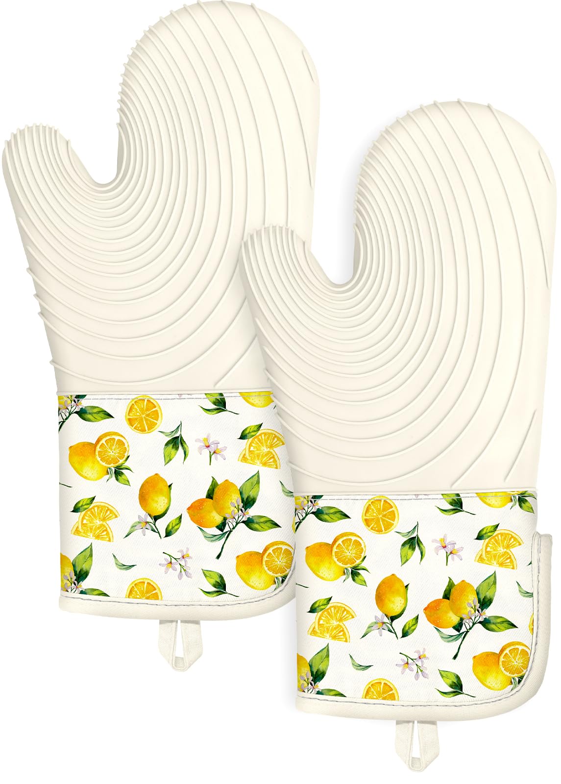 Slohif Long Silicone Oven Mitts Heat Resistant for Women - 2 Pcs Flowers 100% Cotton Oven Gloves, Non-Slip and Waterproof Silicone Oven Mitts with Hanger for Baking and Cooking
