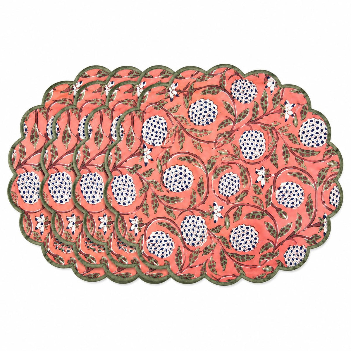 Ridhi Floral Block Print Round Placemats 15" in, Set of 4, Powder Blue