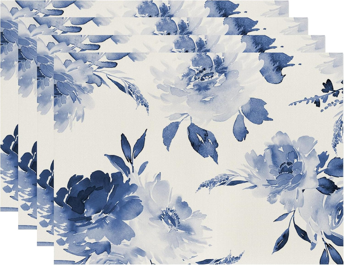 Blue Leaves Watercolor Placemats Set of 4, 12x18 Inch Spring Summer Leaves Table Place Mats for Kitchen Dining Home Party Decor