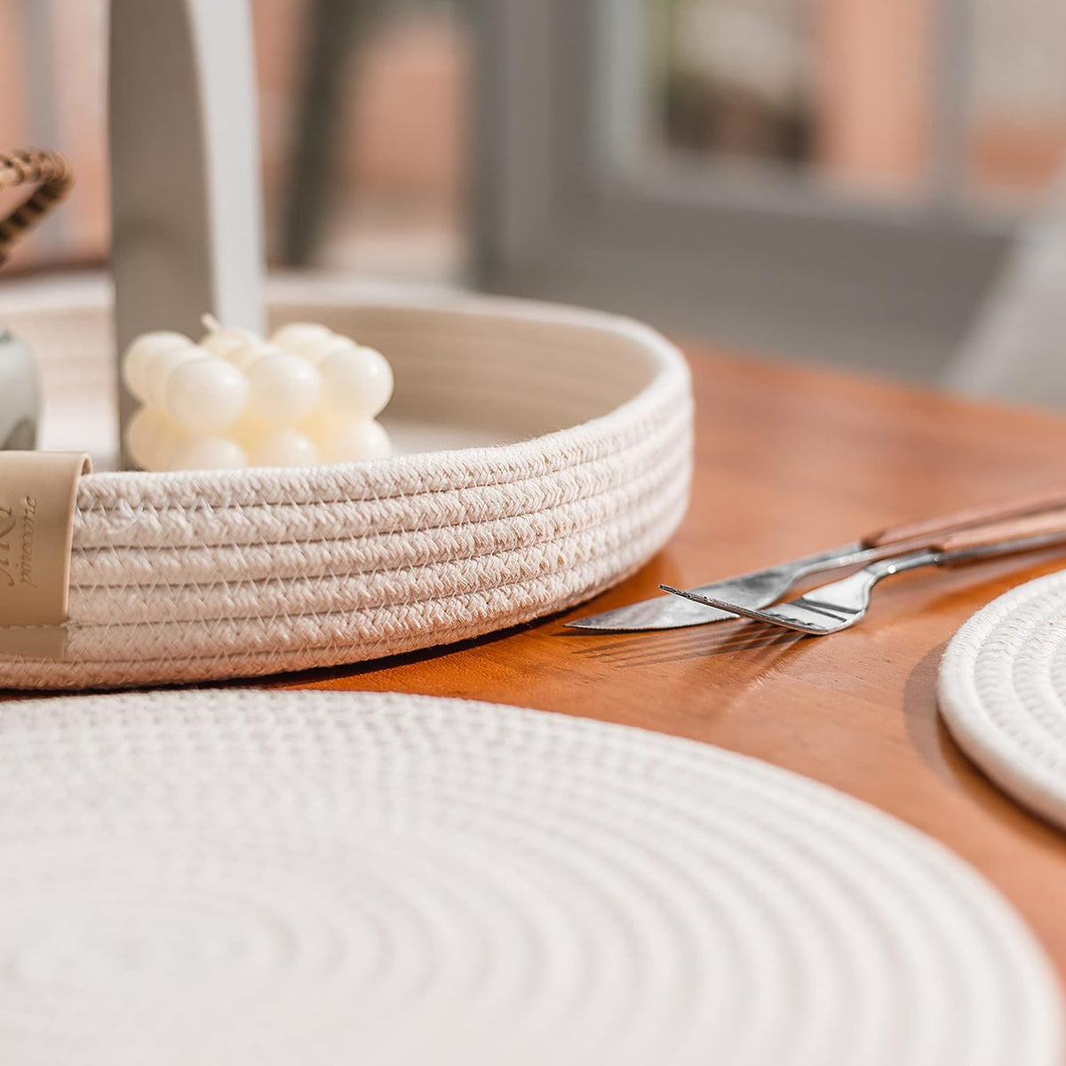 5-Piece Round Cotton Rope Placemats & Holder, Off White