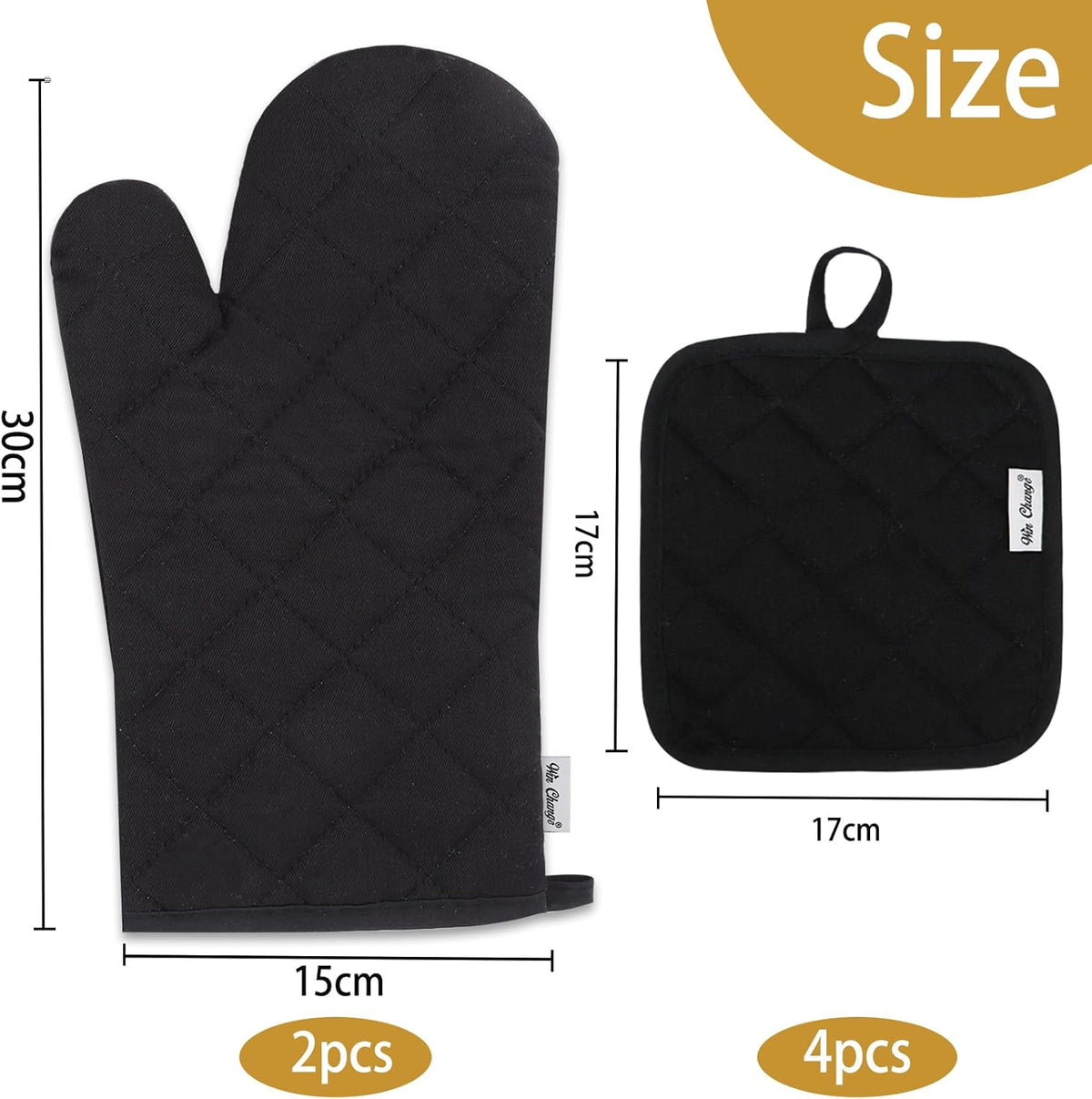 Oven Mitts and Pot Holders Sets,6 Pcs Oven Mitts and Potholders with Recycled Cotton High Heat Resistant Extra Thick Long Oven Mitts for Cooking(Black)
