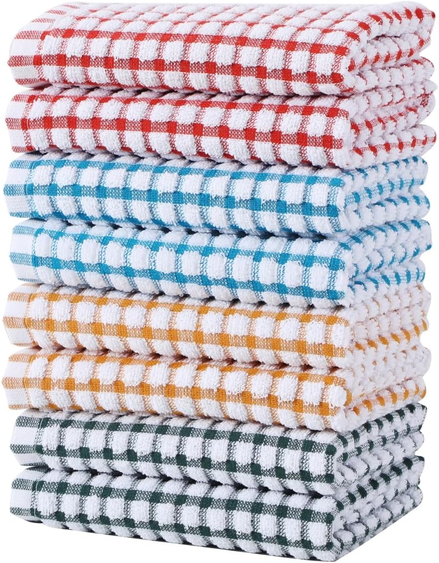 Oeleky Cotton Kitchen Towels 8 Pack, 15x26 Checkered Dish Towels