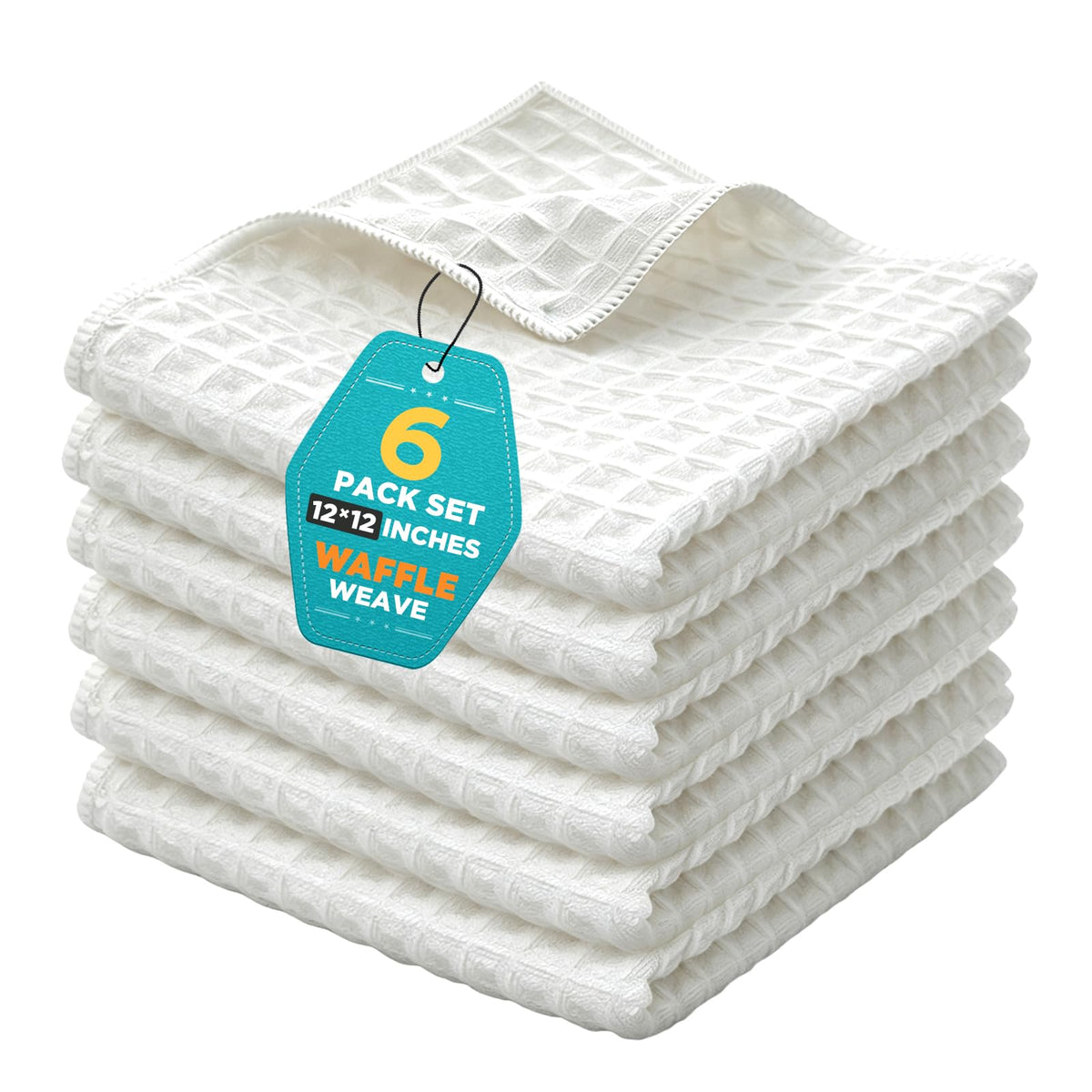Kitchen Towels 6-Pack Cotton Waffle Weave Dish Cloths 12 x 12 Cleaning Rags