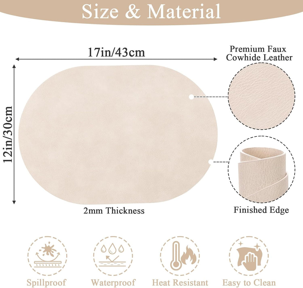 SHACOS Faux Leather Oval Placemats Set of 6 Heat Resistant, White Oak Beige