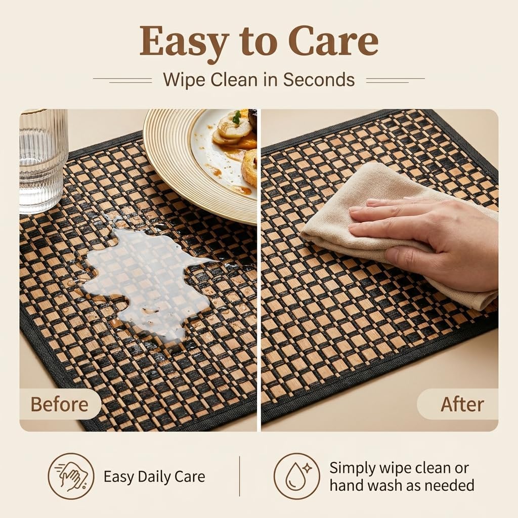 Eorbow 8 Pack Bamboo Placemats, Natural Anti-Slip Dining Table Mats, Heat-Resistant Place Mats, Japanese Style Washable Placemats for Dining Room, Kitchen, Restaurant, 18 x 12 Inch