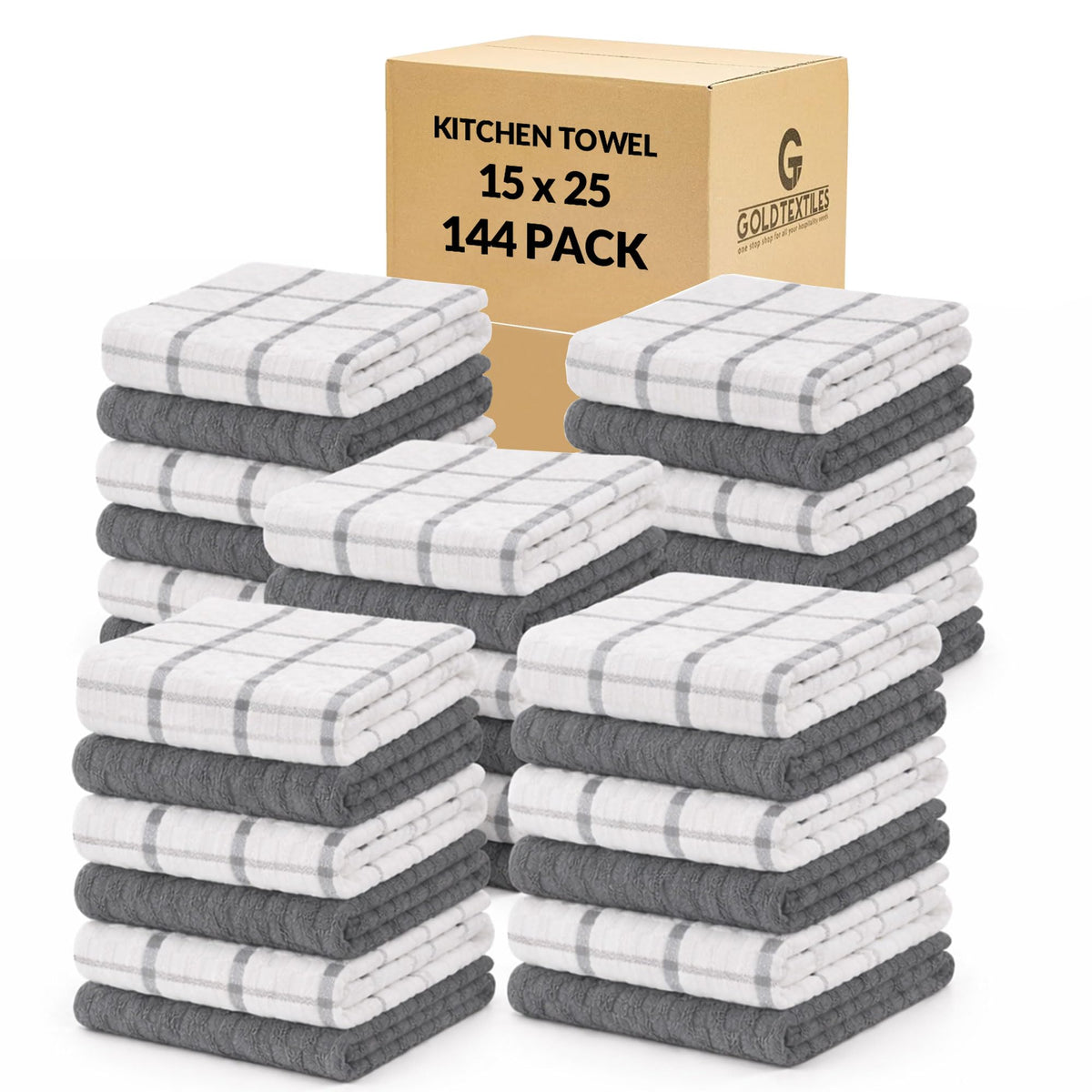 GOLD TEXTILES Kitchen Towels 12 Pack, Waffle Weave Cotton, 15x25in (Brown)