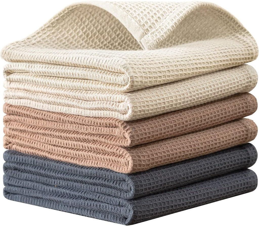 QUILTINA Dish Towels Set, 100% Cotton Waffle Weave Kitchen Towels 6 Pack, 17 x 25 Inches, Super Absorbent for Drying and Cleaning, Beige, Brown, Dark Grey
