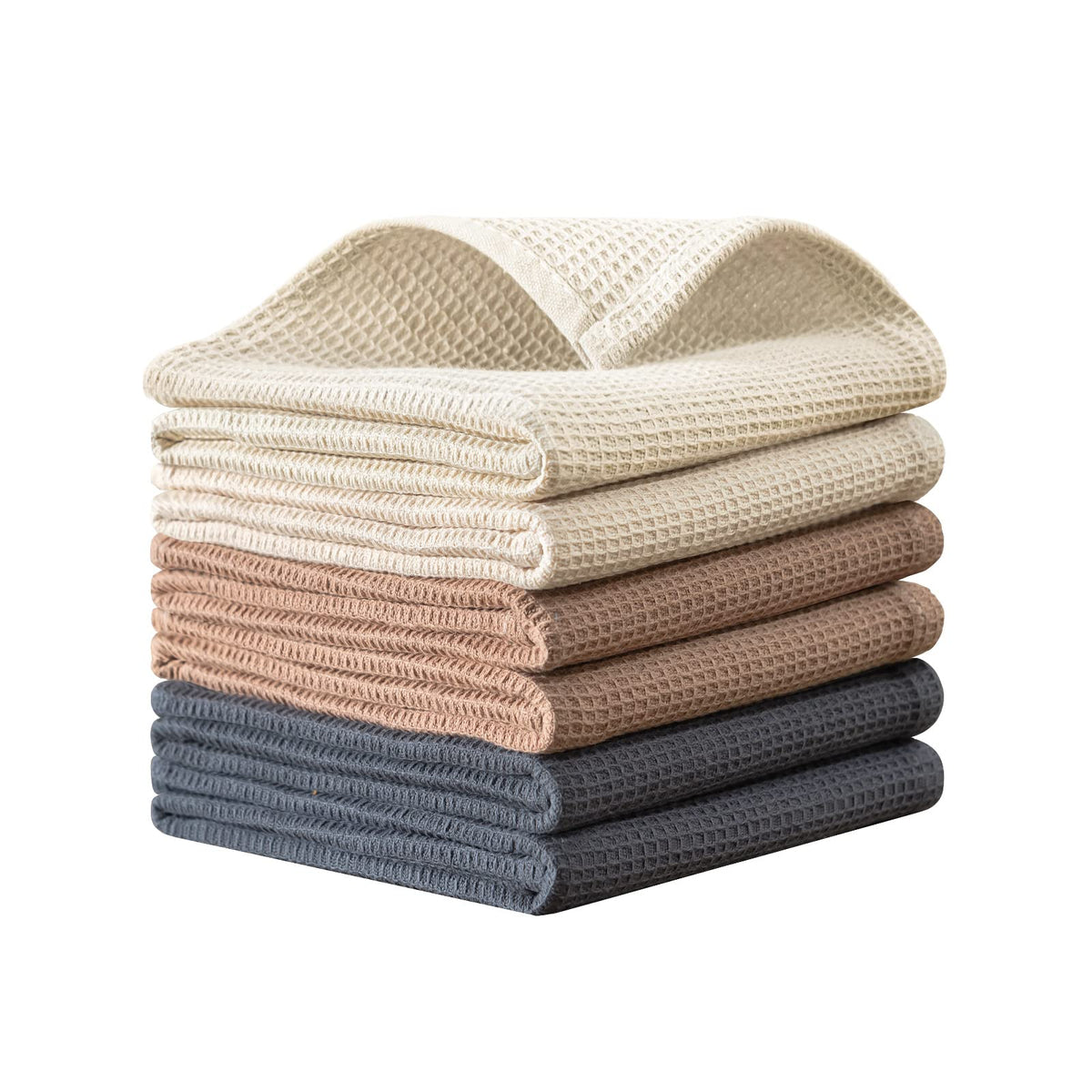 QUILTINA Dish Towels Set, 100% Cotton Waffle Weave Kitchen Towels 6 Pack, 17 x 25 Inches, Super Absorbent for Drying and Cleaning, Beige, Brown, Dark Grey