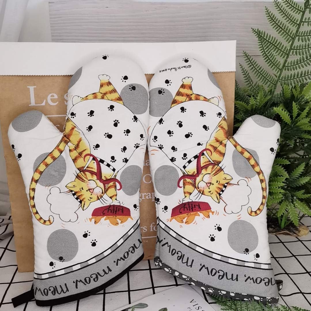 Oven Mitts and Pot Holders Sets, Funny Kitchen Oven Mitts Heat Resistant of 500 Degrees, Pure Cotton Hot Pads and Oven Mitts Sets for Baking,Cooking,BBQ Grilling-White Cat(4Pcs Set)