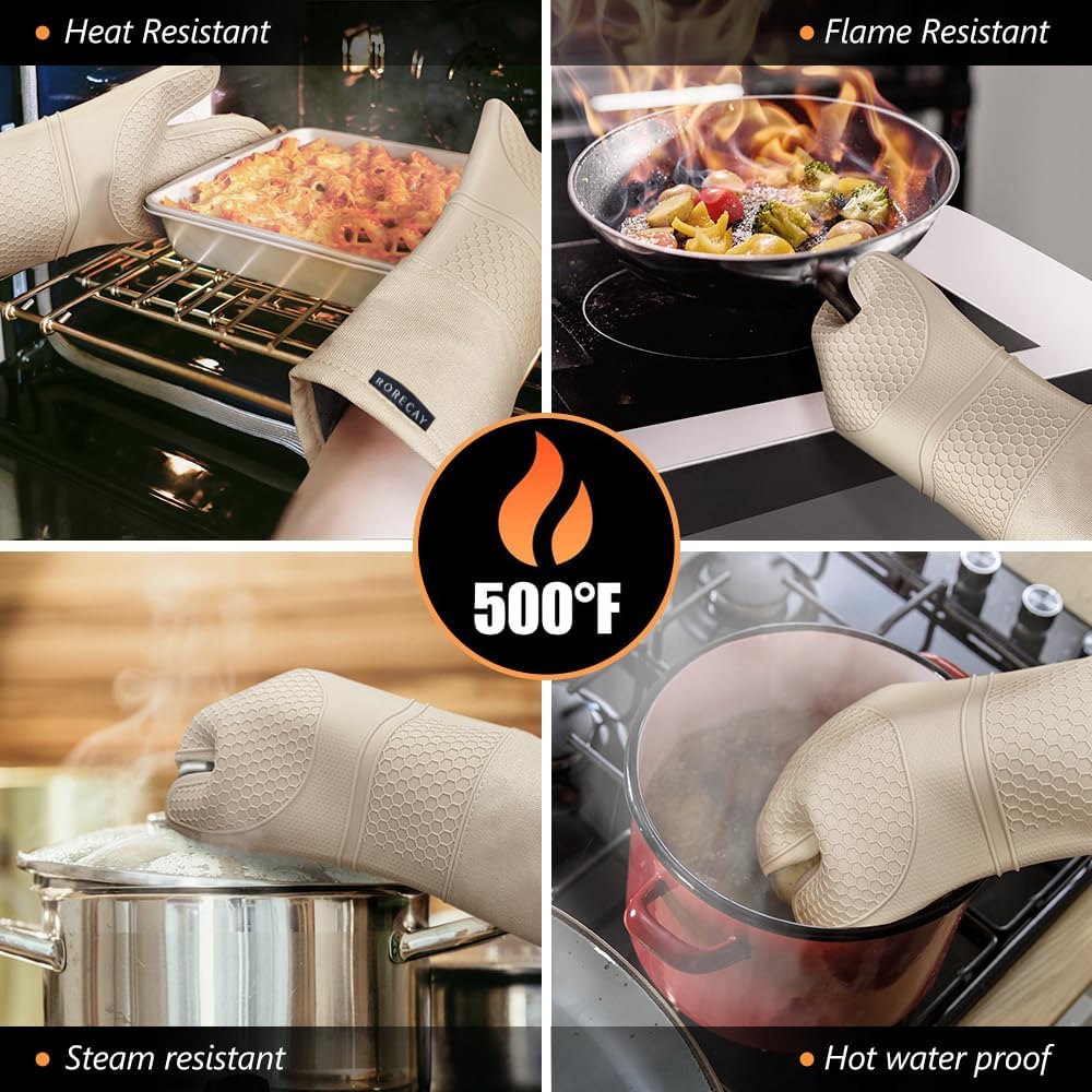 RORECAY Silicone Oven Mitts and Pot Holders Sets, Gloves for Kitchen, Beige