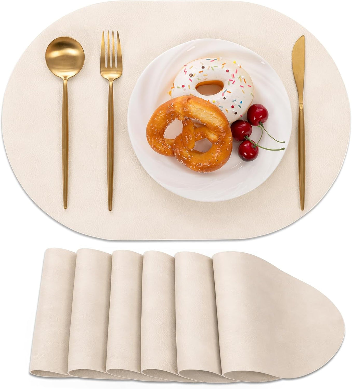 SHACOS Faux Leather Oval Placemats Set of 6 Heat Resistant, White Oak Beige