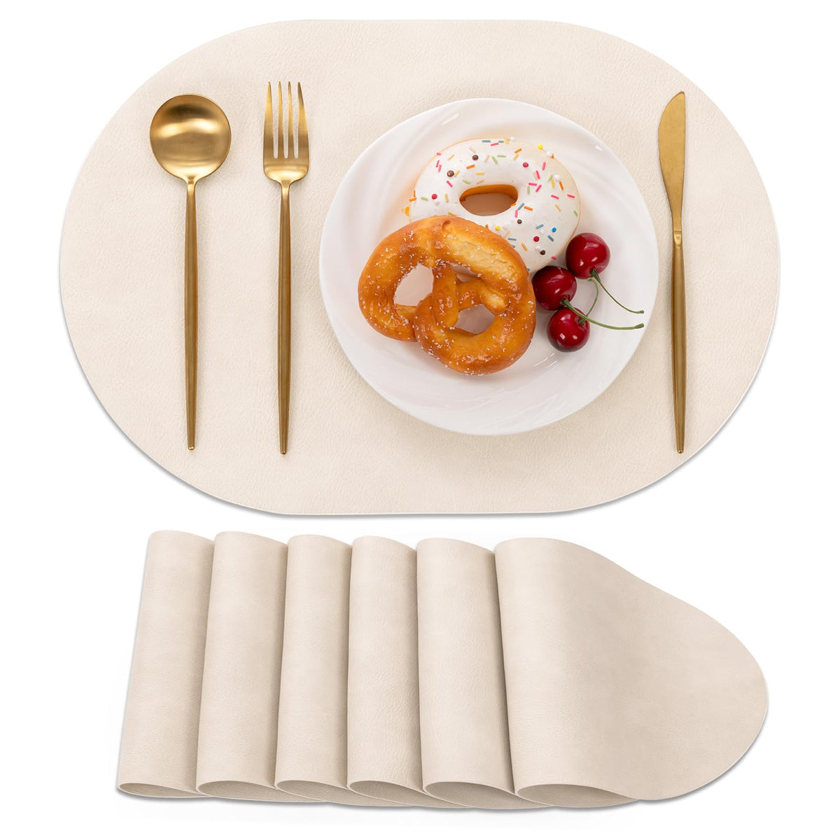 SHACOS Faux Leather Oval Placemats Set of 6 Heat Resistant, White Oak Beige