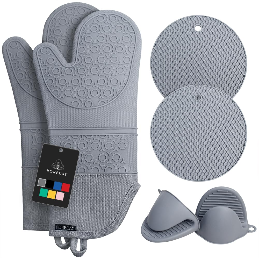 RORECAY Silicone Oven Mitts and Pot Holders Sets, Gloves for Kitchen, Beige