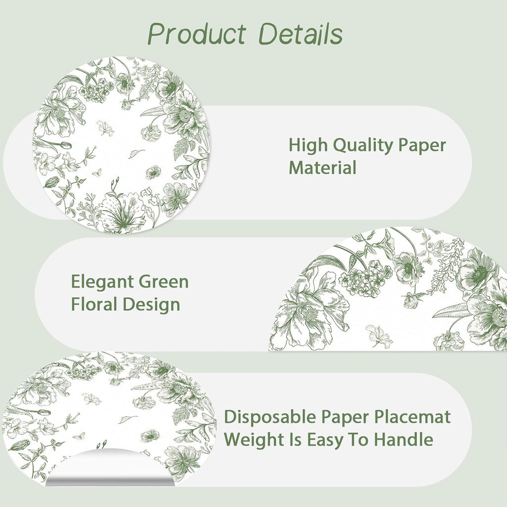 50 Pack Paper Placemats Disposable Green Floral Placemats 13.7 Inch Vintage Sage Green Flower Place Mats Chinoiserie Round Table Mats for Dinner Table Setting Birthday Wedding Party Supplies