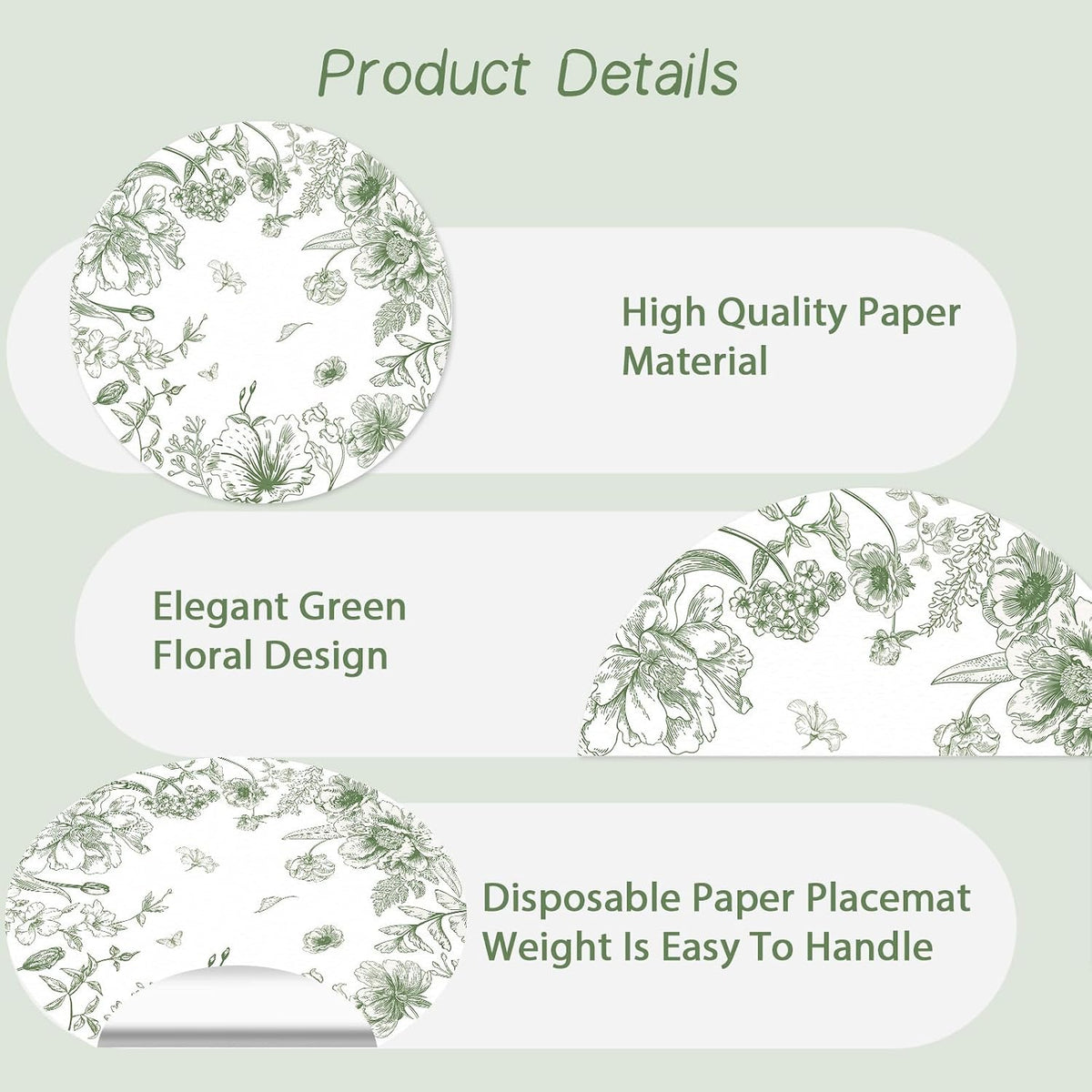50 Pack Paper Placemats Disposable Green Floral Placemats 13.7 Inch Vintage Sage Green Flower Place Mats Chinoiserie Round Table Mats for Dinner Table Setting Birthday Wedding Party Supplies