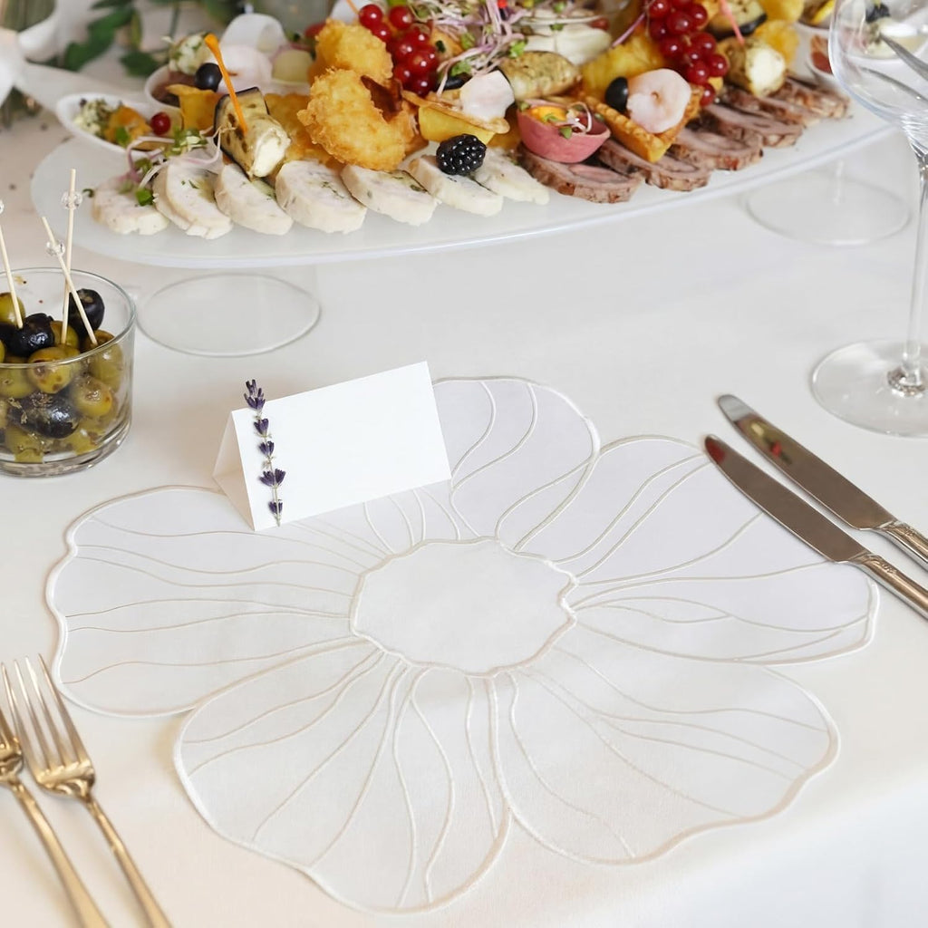 Set of 6 Elegant Floral Placemat 16'' Flower Shaped Place Mat (White)