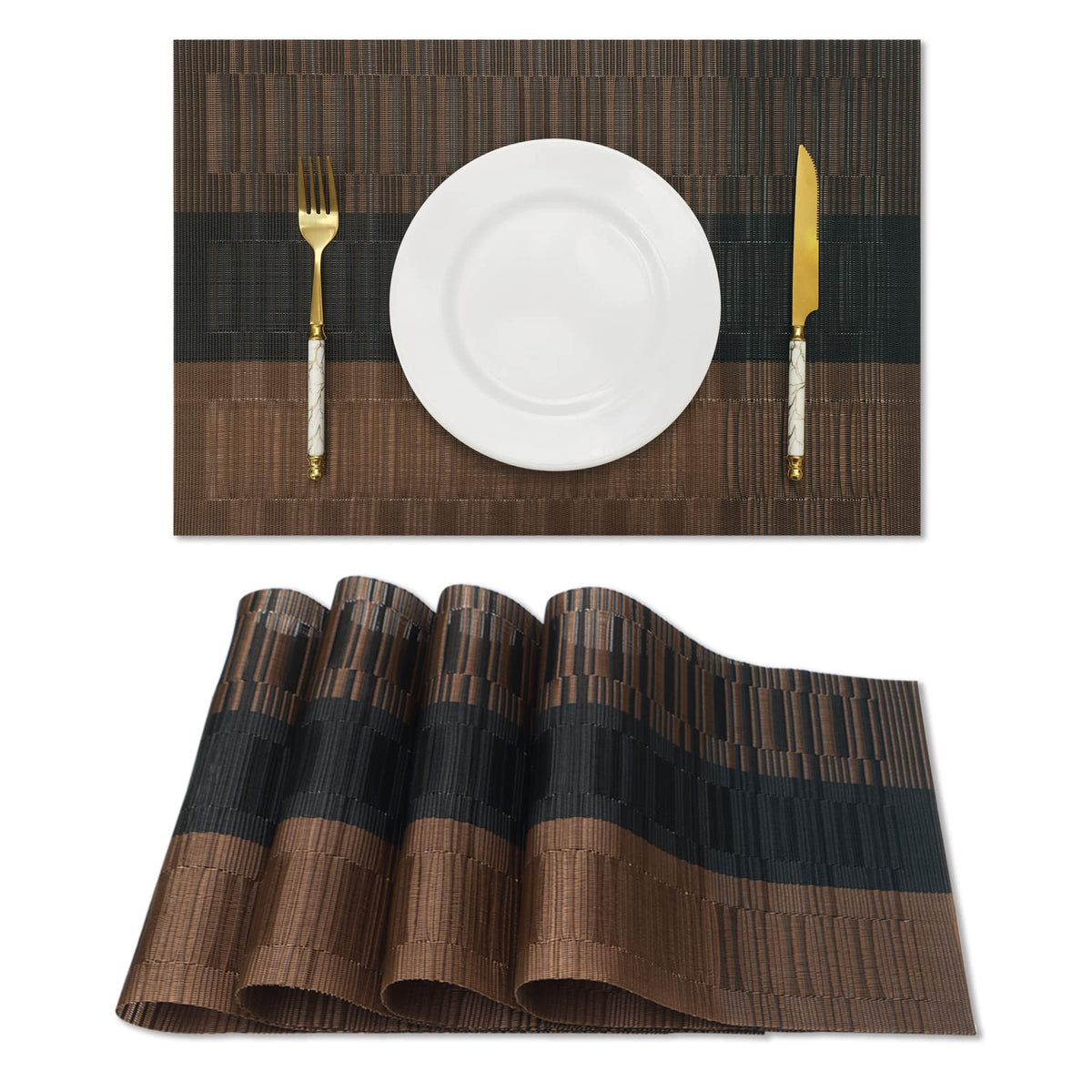 HeloHo Black Placemats Set of 4 Heat-Resistant Washable Place Mats Non-Slip Vinyl Woven Table Mats Wipeable Placemat for Kitchen Dining Table Decoration Indoor Outdoor