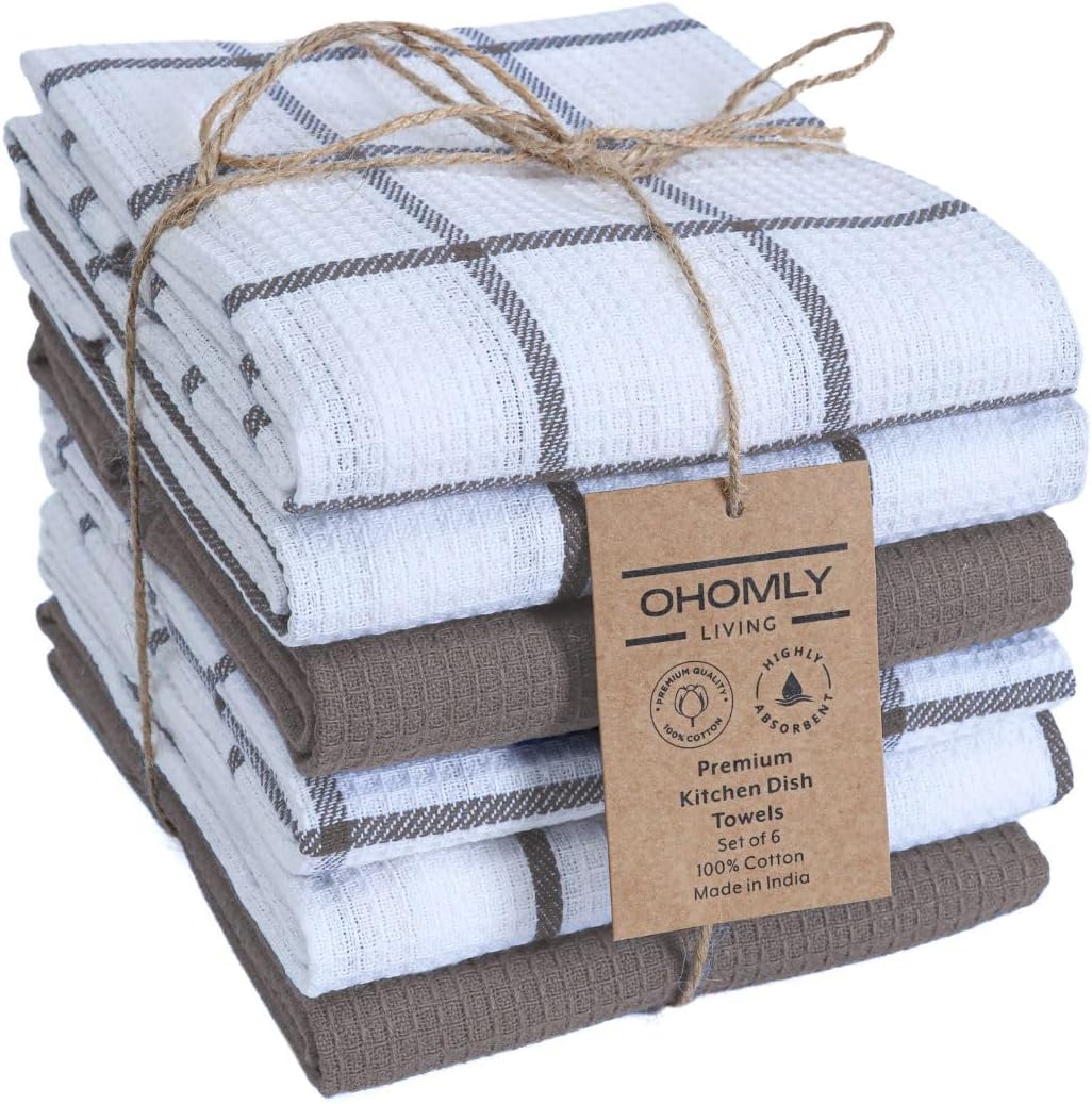 Assorted Waffle Kitchen Towels Set of 6-100% Cotton Dish Cloths Towels with Hanging Loop - Soft, Absorbent & Washable for Kitchen Use - Quick Drying Dish Towels 16x26 Inch Grey