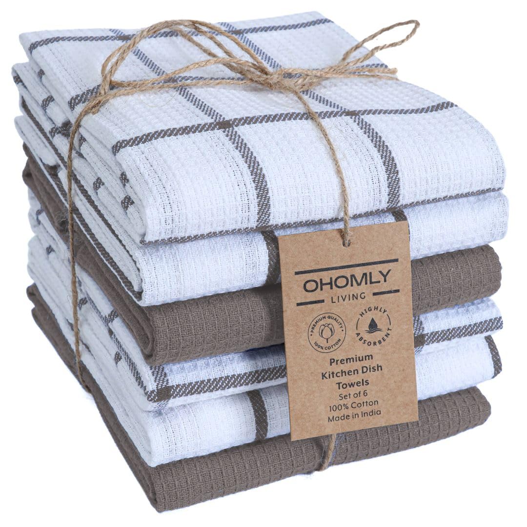 Assorted Waffle Kitchen Towels Set of 6-100% Cotton Dish Cloths Towels with Hanging Loop - Soft, Absorbent & Washable for Kitchen Use - Quick Drying Dish Towels 16x26 Inch Grey
