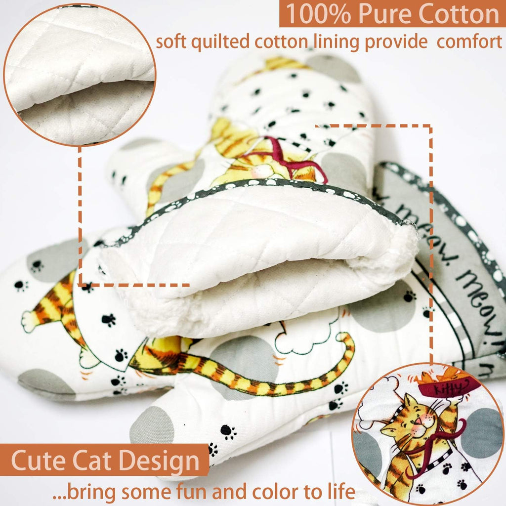 Oven Mitts and Pot Holders Sets, Funny Kitchen Oven Mitts Heat Resistant of 500 Degrees, Pure Cotton Hot Pads and Oven Mitts Sets for Baking,Cooking,BBQ Grilling-White Cat(4Pcs Set)
