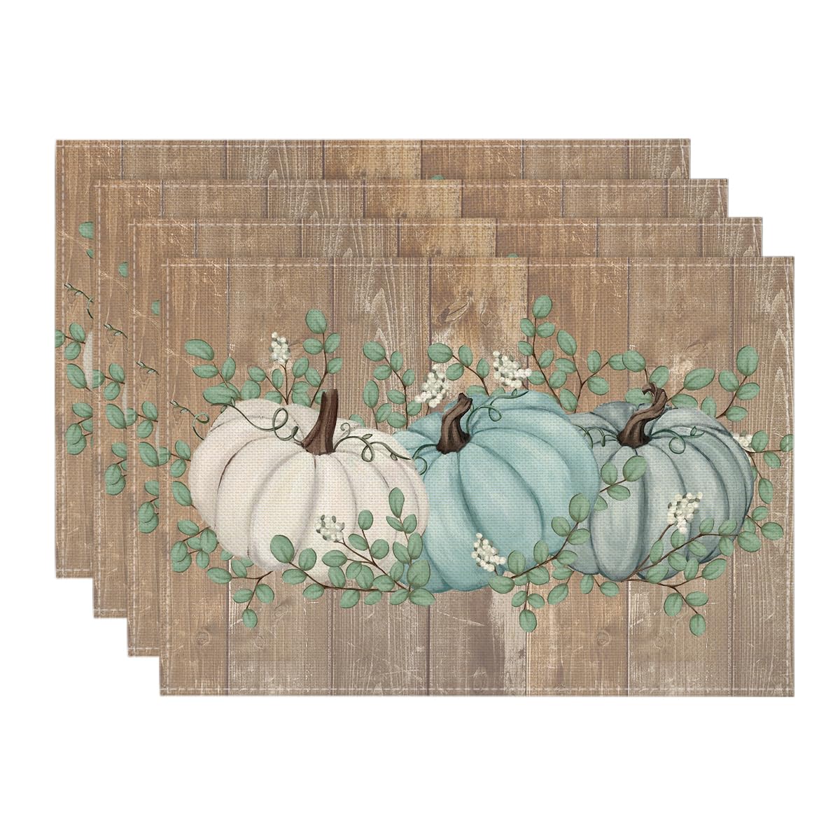 Artoid Mode Pumpkins Eucalyptus Leaves Fall Placemats Set of 4, 12x18 Inch Autumn Thanksgiving Harvest Vintage Table Mat for Party Dining Decoration
