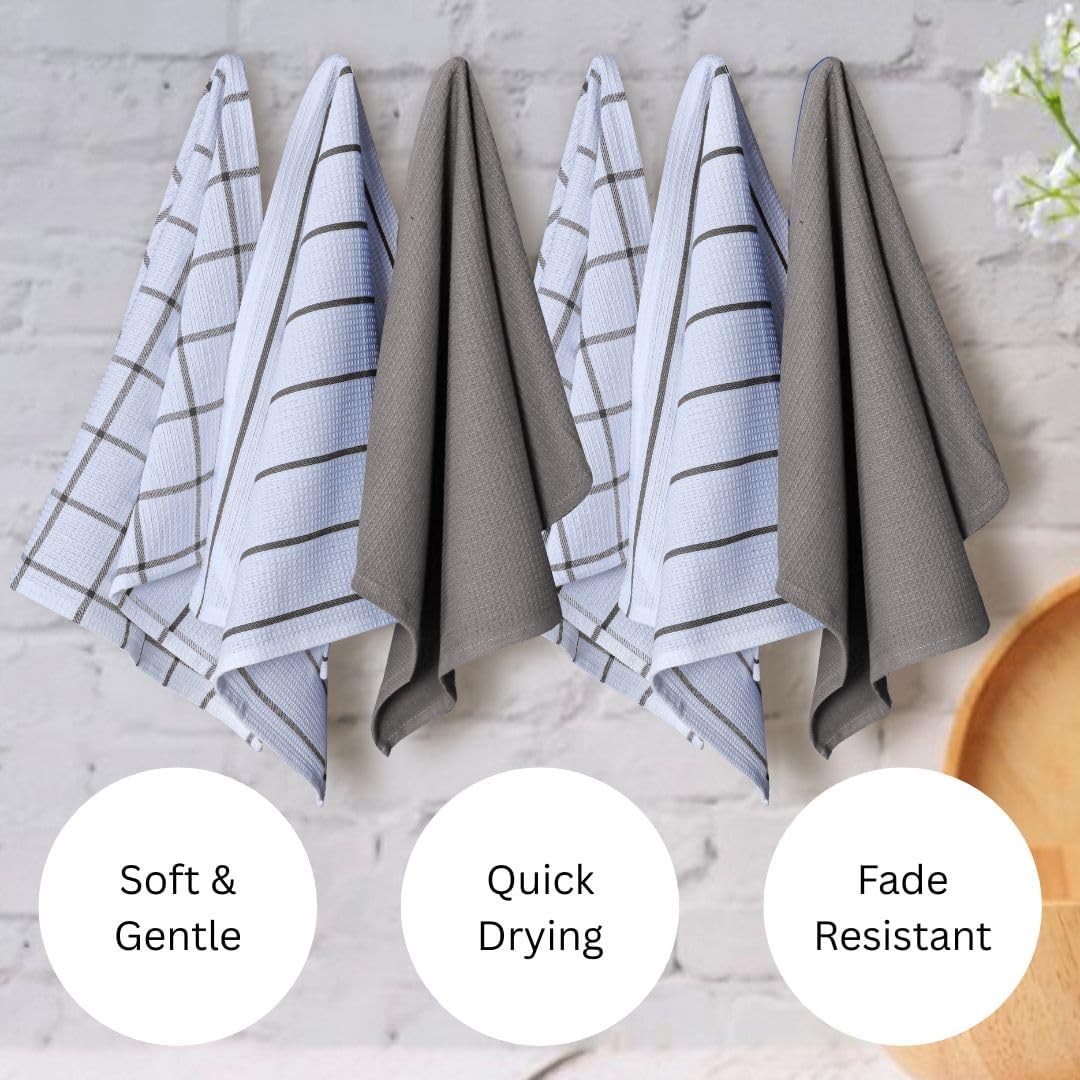 Assorted Waffle Kitchen Towels Set of 6-100% Cotton Dish Cloths Towels with Hanging Loop - Soft, Absorbent & Washable for Kitchen Use - Quick Drying Dish Towels 16x26 Inch Grey