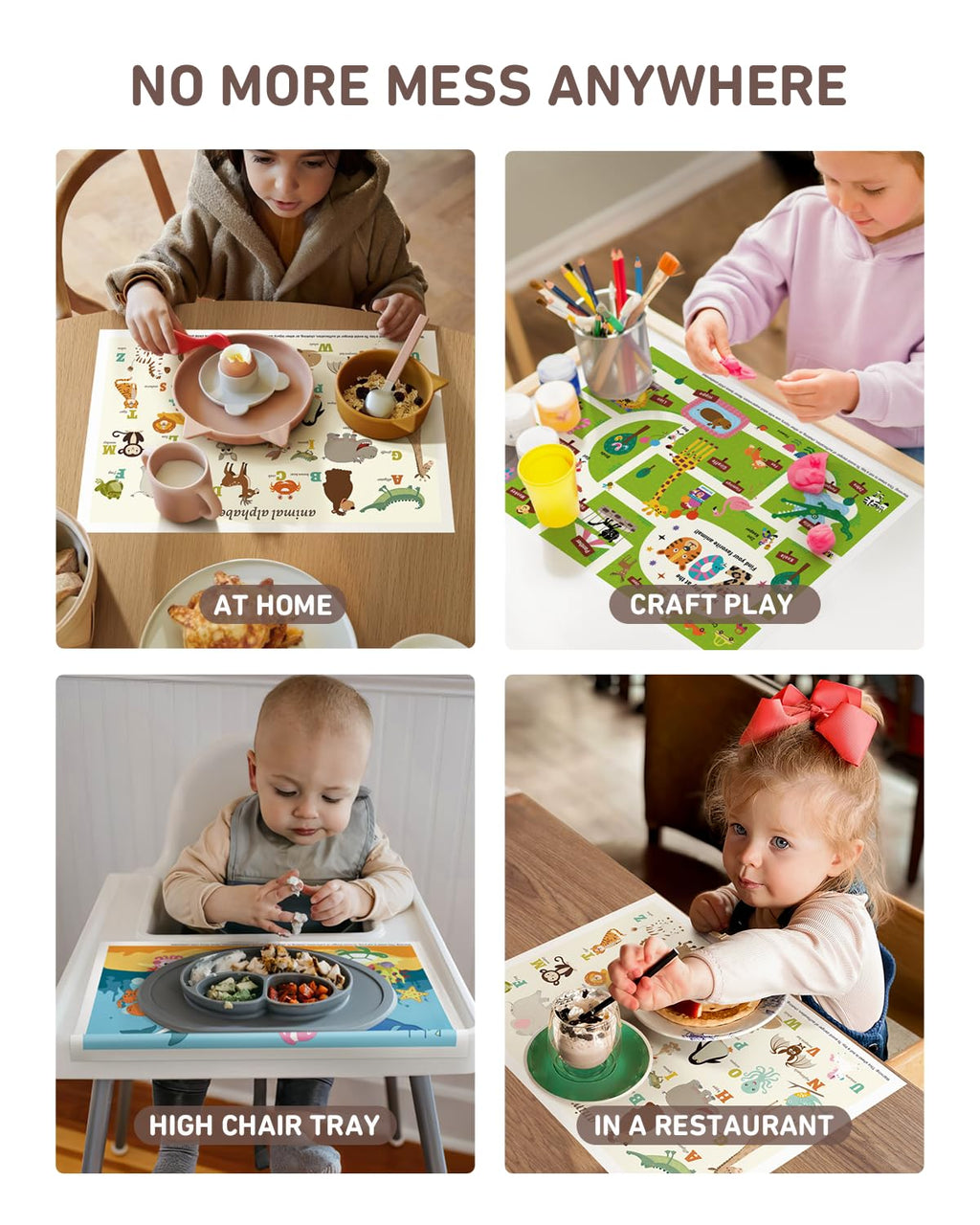 Babebay Disposable Stick-On Placemats for Baby, 60 Pack, 3 Animal Designs