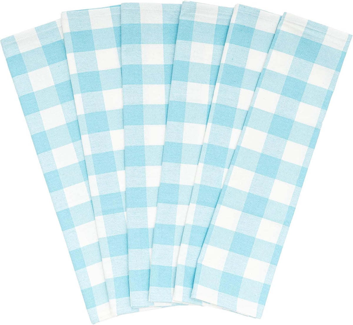 Aqua 6 Pack Large Cotton Tea Towels - 30" x 20" with Hanging Loop - Highly Absorbent, Lint-Free, Washable Teal Kitchen Towels - Plaid Pattern