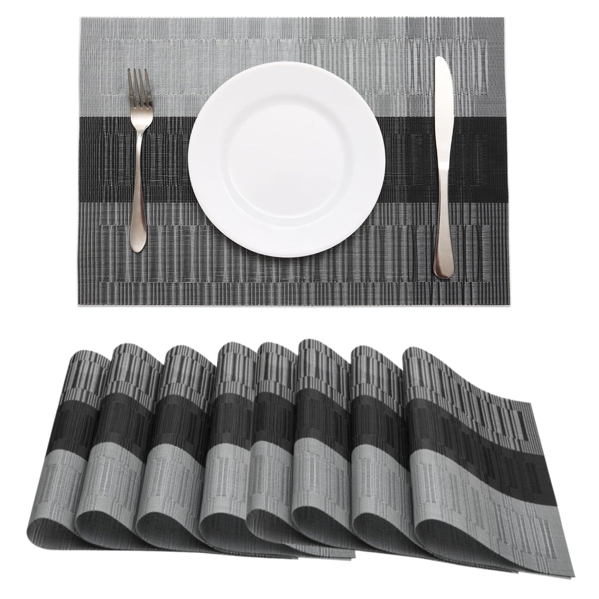 HeloHo Black Placemats Set of 4 Heat-Resistant Washable Place Mats Non-Slip Vinyl Woven Table Mats Wipeable Placemat for Kitchen Dining Table Decoration Indoor Outdoor