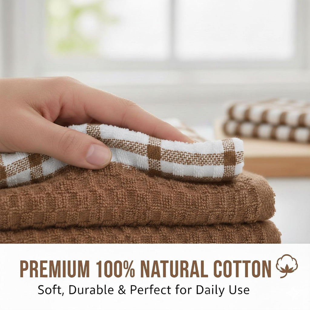GOLD TEXTILES Kitchen Towels 12 Pack, Waffle Weave Cotton, 15x25in (Brown)