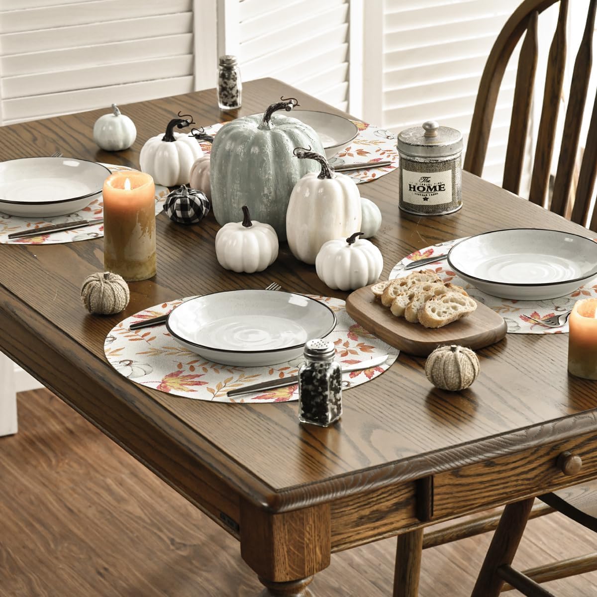 Artoid Mode Orange Pumpkins Fall Maple Leaves Round Fall Placemats Set of 4, 14 Inch Seasonal Autumn Round Table Mats for Dining Decoration