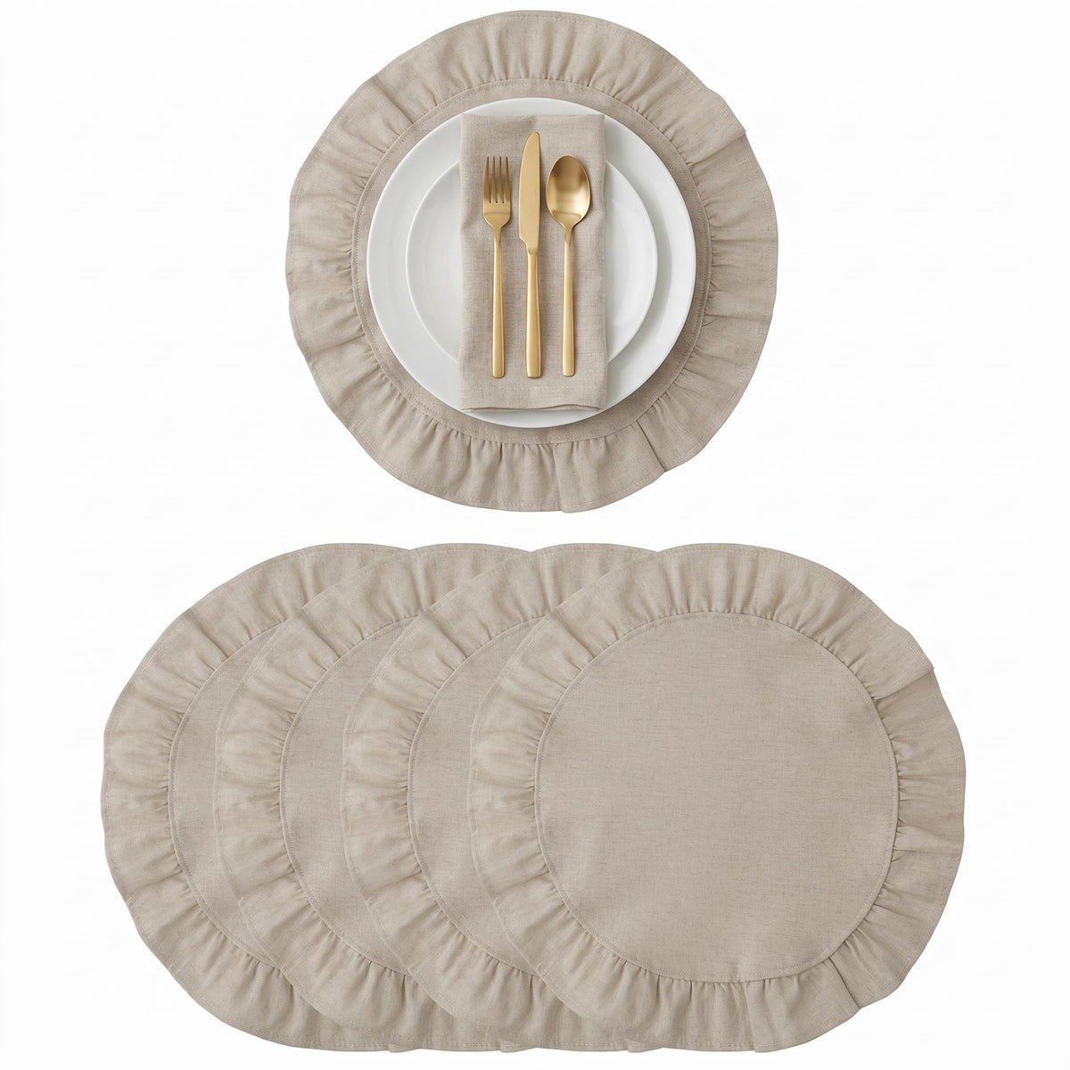 Round Ruffled Linen Blend Placemats, 15 Inch Scalloped Table Mats, Set of 4