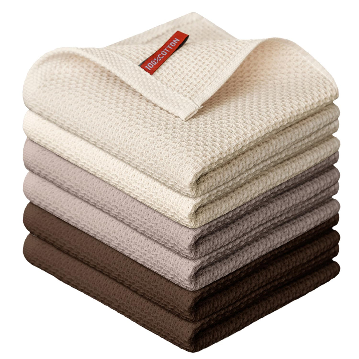 Artoid Mode 100% Cotton Beige Dark Coffee Brown Waffle Weave Kitchen Dish Cloths, 12x12 Inch Ultra Soft Absorbent Quick Drying Set of 6, Multicolor