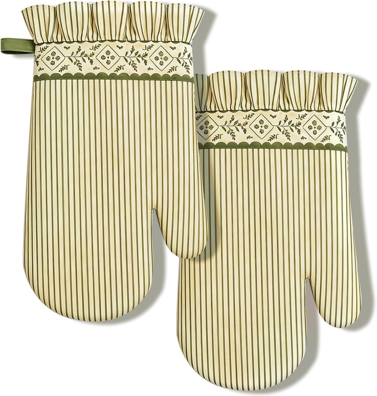AnyDesign 2Pcs Vintage Stripe Greenery Oven Mitts, Beige Extended Short