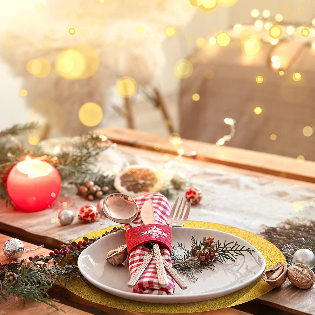 50 Pieces Gold Glitter Paper Place Mats Sparkle Round Disposable Table Mats Golden Sequin Doilies Decorative Placemats for Wedding Banquet Party Home Dining Tableware