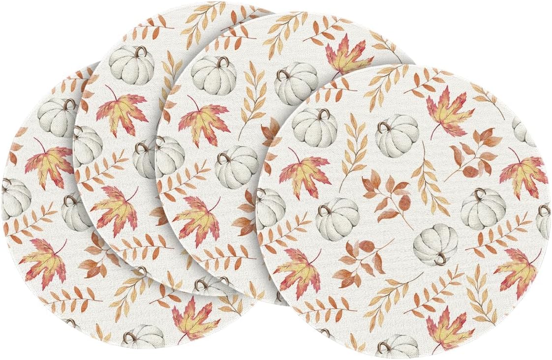 Artoid Mode Orange Pumpkins Fall Maple Leaves Round Fall Placemats Set of 4, 14 Inch Seasonal Autumn Round Table Mats for Dining Decoration