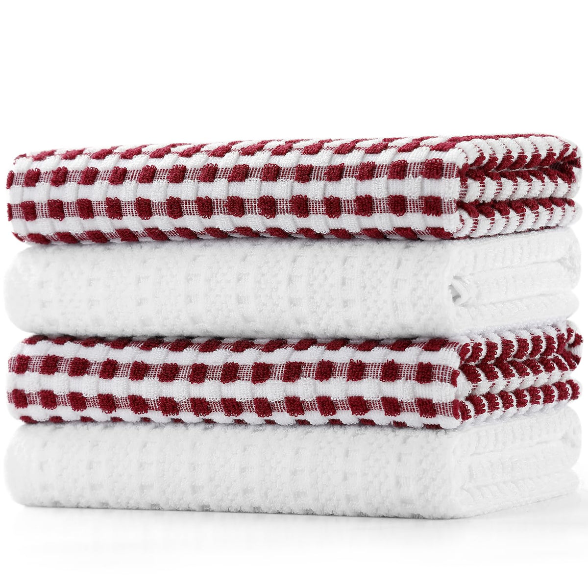 SALAS Cotton Dish Towels Cloths for Kitchen Drying Dishes, Lattice Terry Kitchen Towels, Absorbent Cloths with Hanging Loop, 16‘’ x 26‘’, 4 Packs, Wine Red and Black