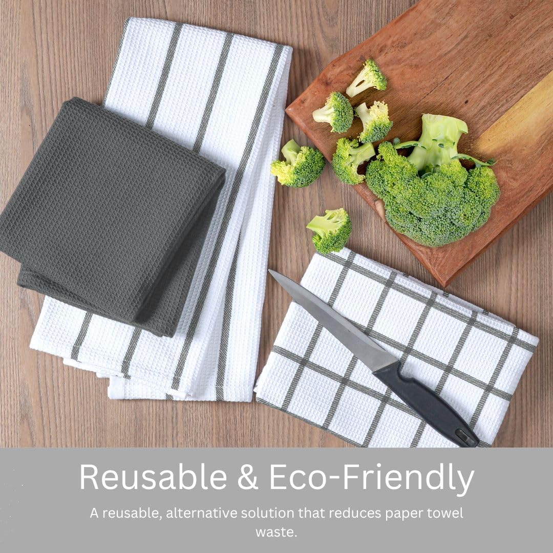 Assorted Waffle Kitchen Towels 100% Cotton Set of 6 - Heavy Duty 320 GSM Quality Dish Cloths Towel - Soft Absorbent Washable for Kitchen Use - Quick Drying Dish Towel 16x26 inch Grey