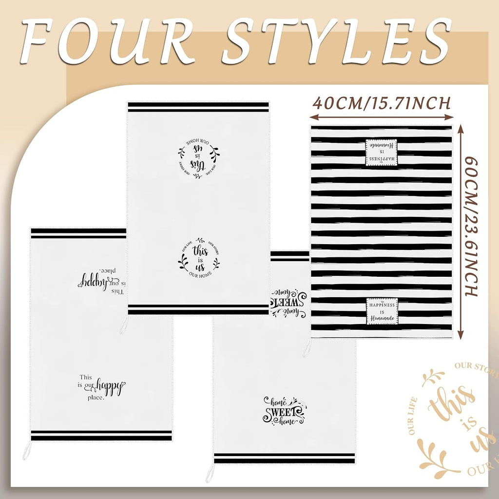 Honoson 4 Pack Black Stripe Kitchen Towels with Home Sweet Home Print