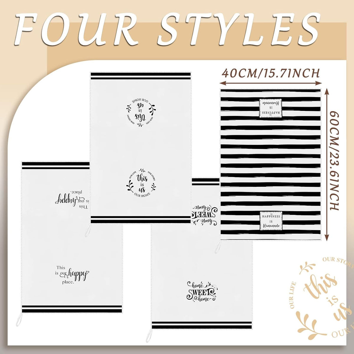 Honoson 4 Pack Black Stripe Kitchen Towels with Home Sweet Home Print