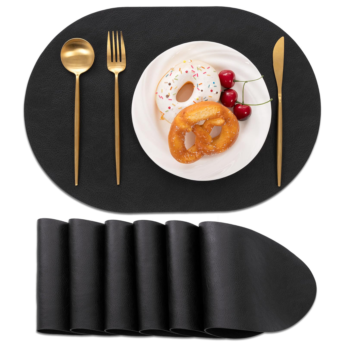 SHACOS Faux Leather Oval Placemats Set of 6 Heat Resistant, White Oak Beige