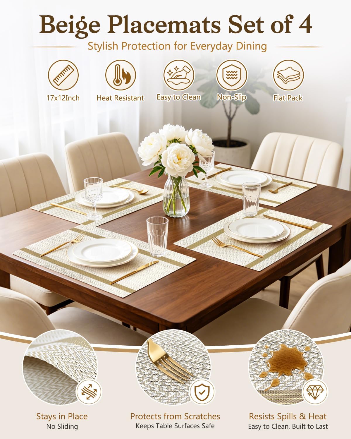 COOLMI Beige Placemats Set of 4, Washable Woven PVC Table Mats, Heat Resistant Non-Slip Place Mats for Dining Table, Flat Pack No Curled Edges, Indoor Outdoor, 17 x 12 Inch