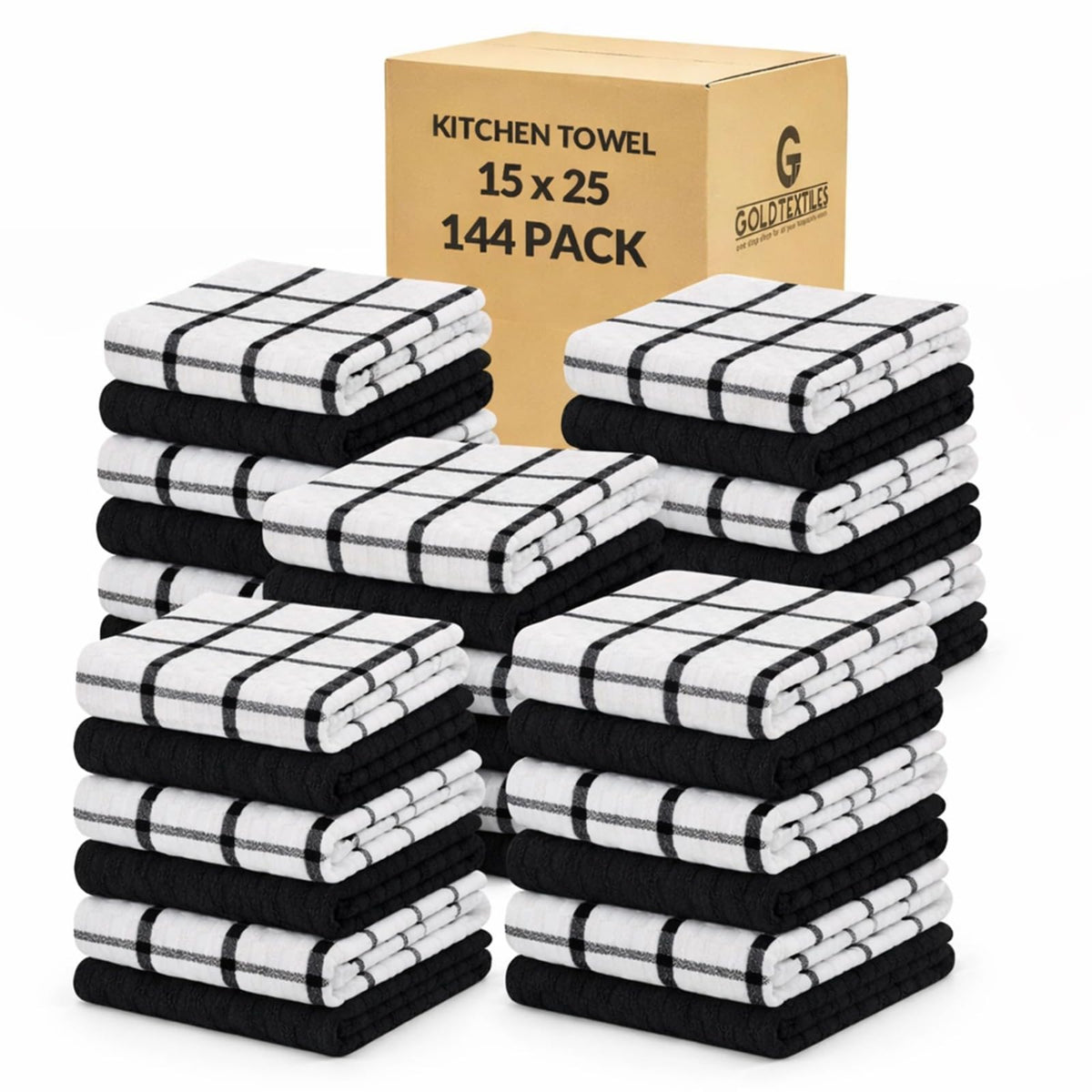 GOLD TEXTILES Kitchen Towels 12 Pack, Waffle Weave Cotton, 15x25in (Brown)