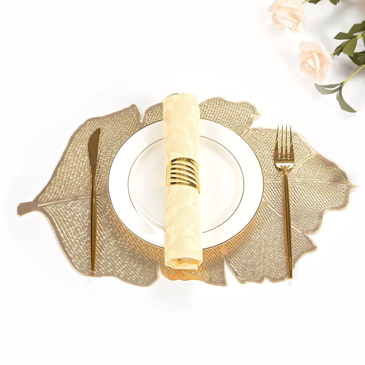 Gold Leaf Placemats Set of 8 Metallic Round Table Placemats