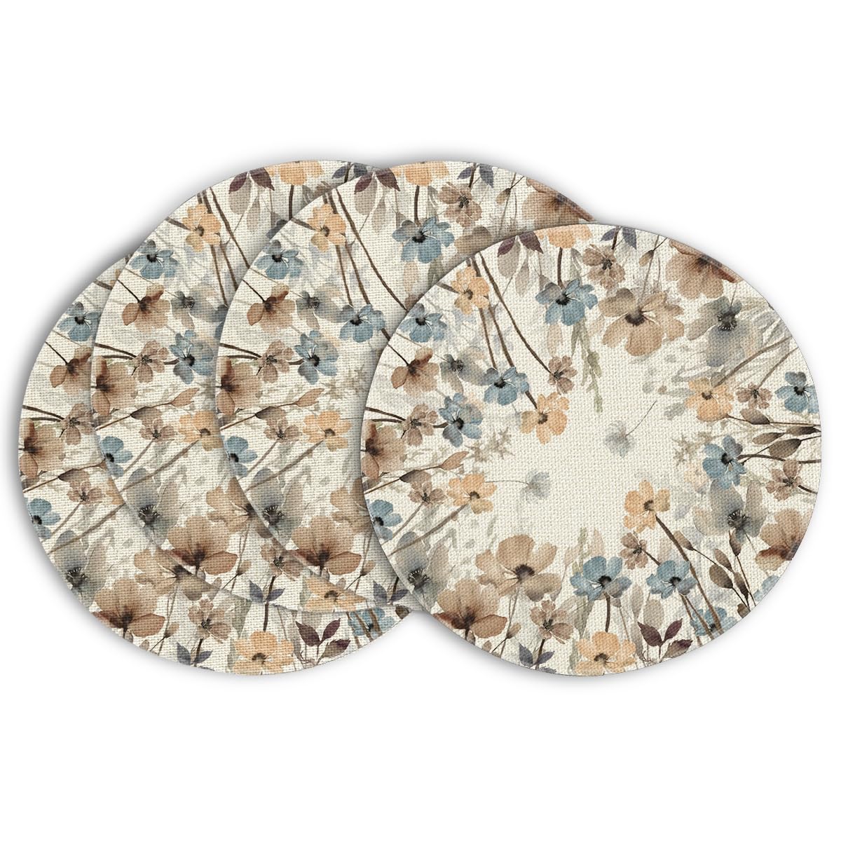 Artoid Mode Brown Poppy Floral Round Table Wedge Placemats Set of 4, Seasonal Kitchen Dining Table Decoration for Indoor Party Home