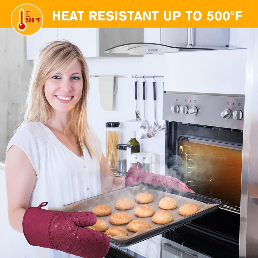 6 Pcs Oven Mitts and Pot Holders, 500℉ Heat Resistant Oven Mitts with Kitchen Towels Soft Cotton Lining and Non-Slip Silicone Surface Safe for Baking, Cooking, BBQ (Red)