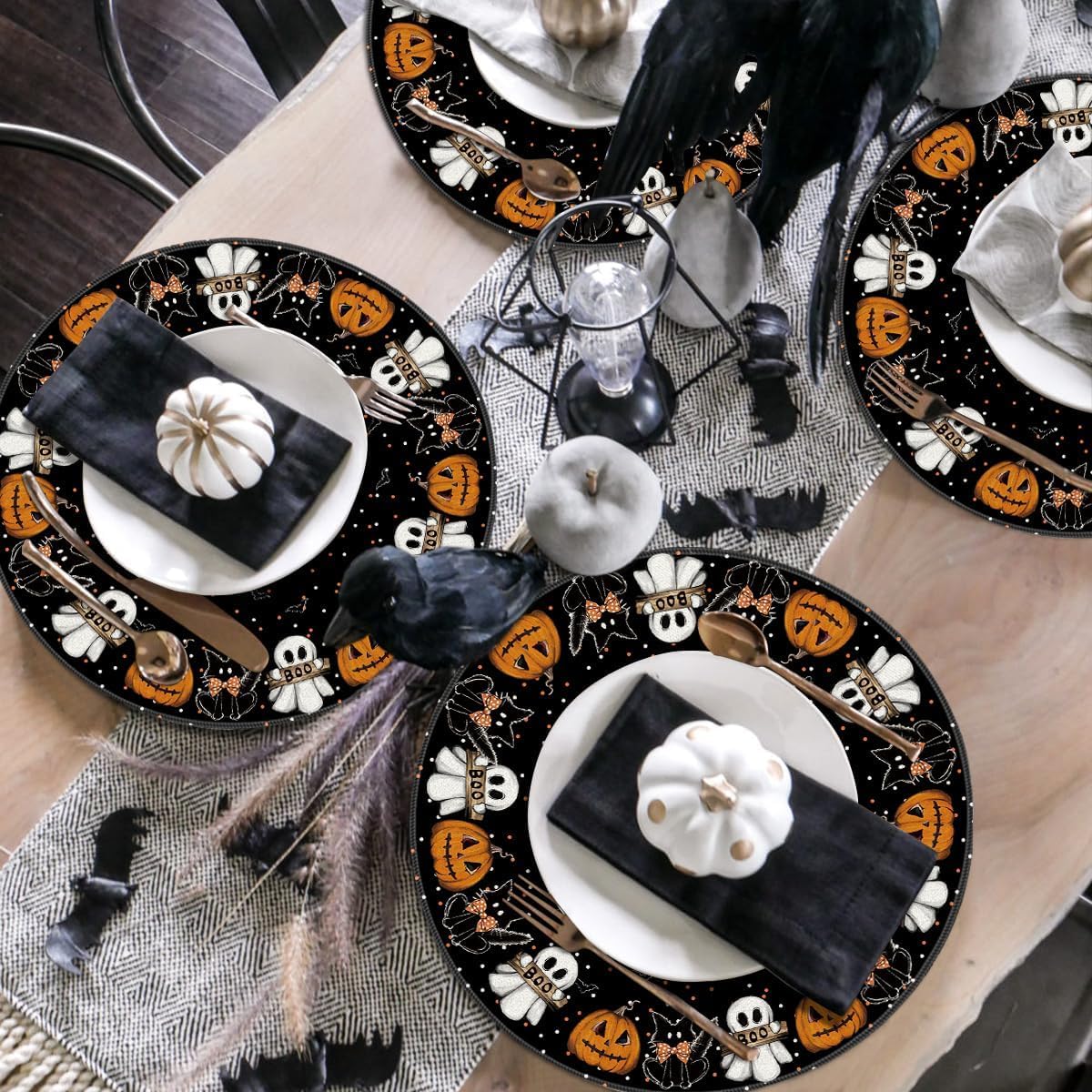 Artoid Mode Ghost Cat Halloween Round Placemats Set of 4-14 Inch