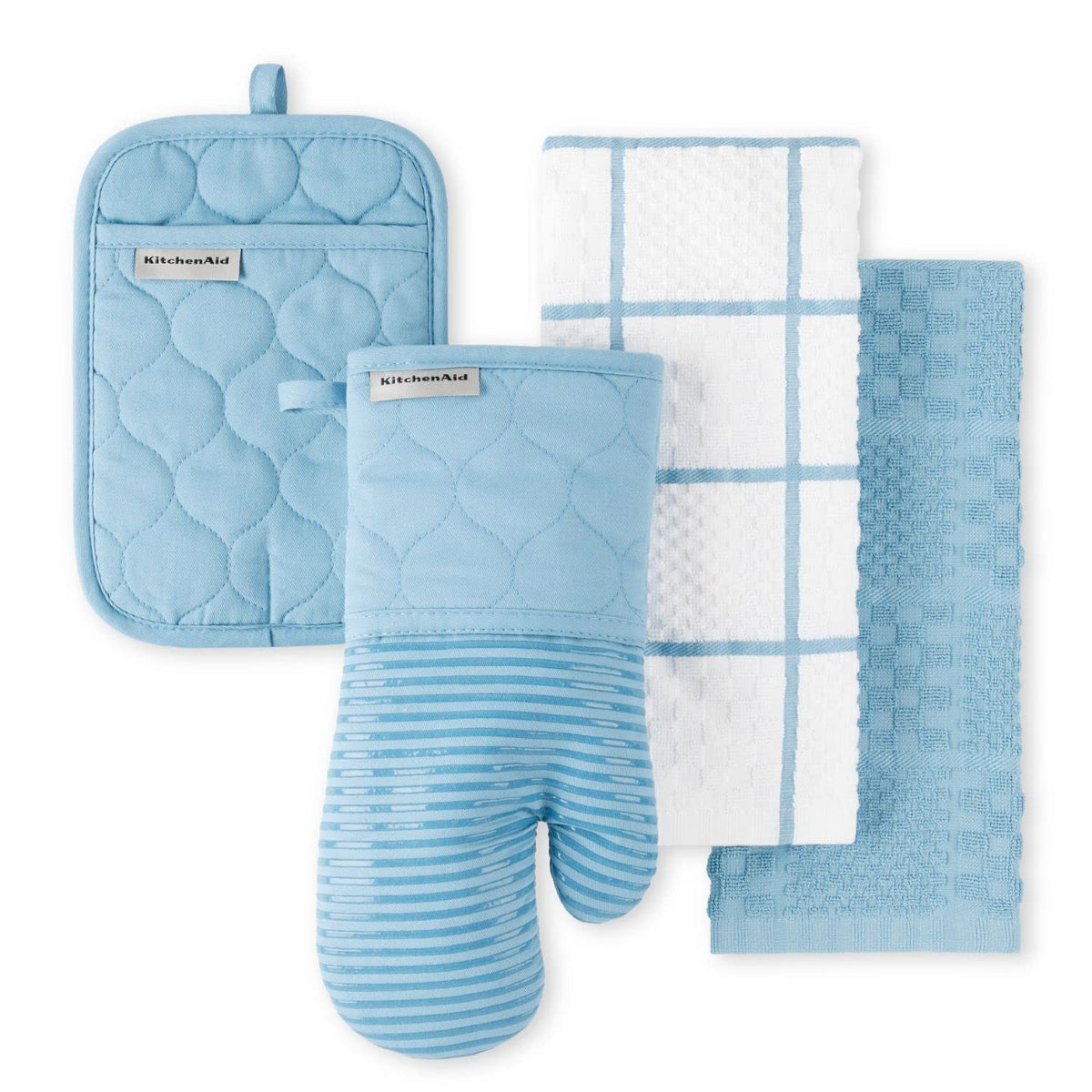 KITCHENAID Quilted Cotton Terry Cloth Oven Mitt, Pot Holder, Kitchen Towel 4-Pack Set, Heat Resistant, Silicone Grip, 16"x26", 7"x13" & 7"x10", Milkshake Tan