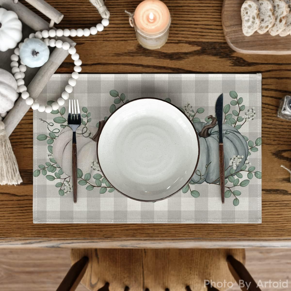 Artoid Mode Pumpkins Eucalyptus Leaves Fall Placemats Set of 4, 12x18 Inch Autumn Thanksgiving Harvest Vintage Table Mat for Party Dining Decoration