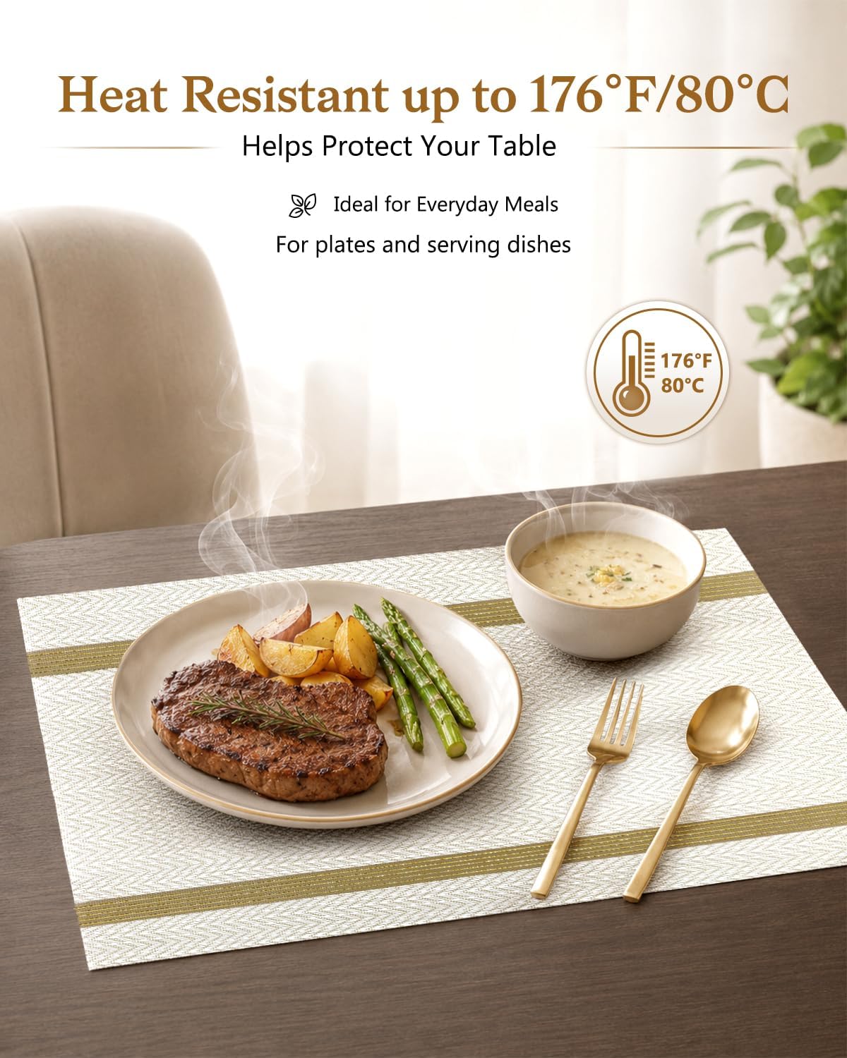 COOLMI Beige Placemats Set of 4, Washable Woven PVC Table Mats, Heat Resistant Non-Slip Place Mats for Dining Table, Flat Pack No Curled Edges, Indoor Outdoor, 17 x 12 Inch